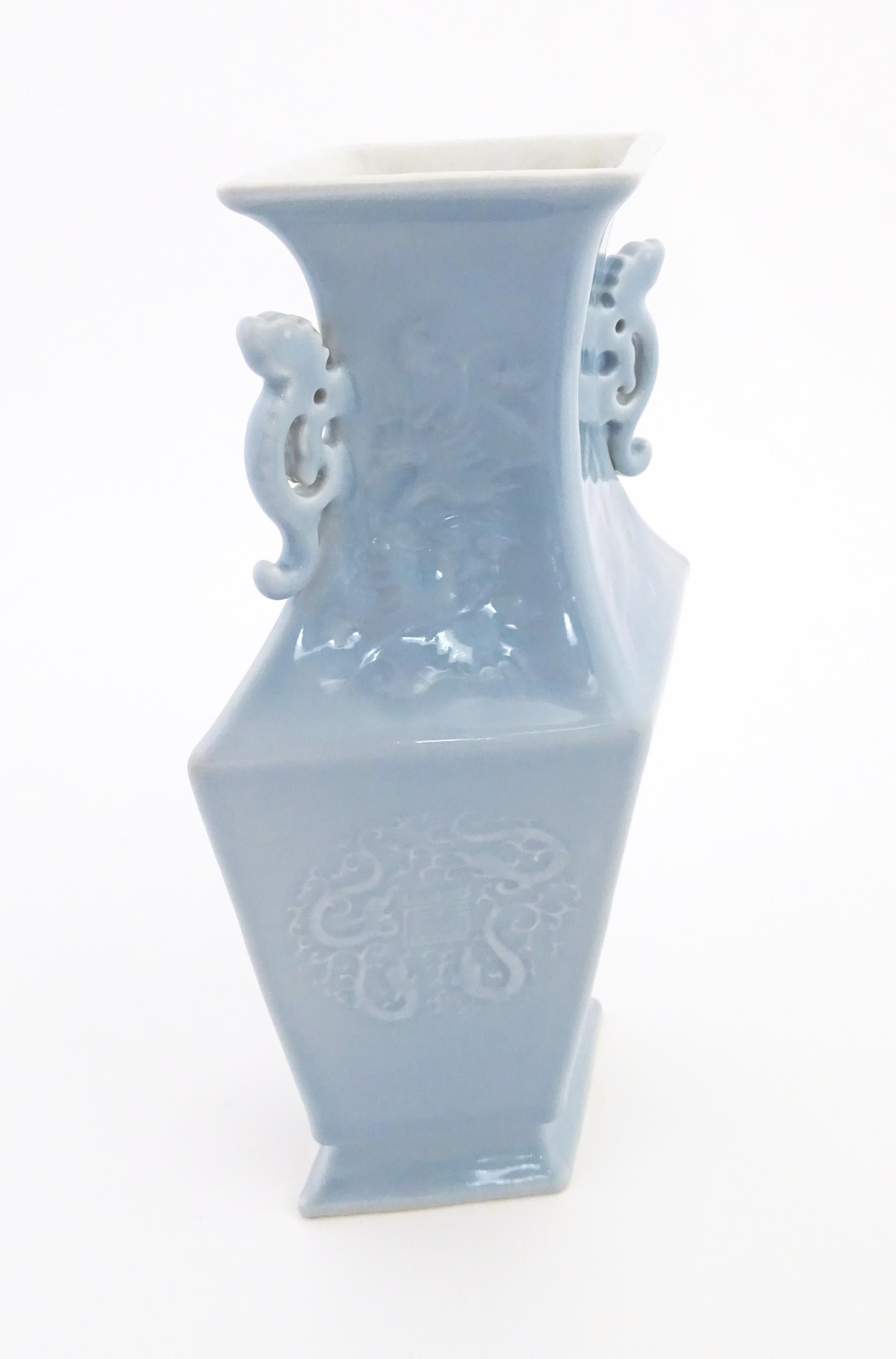 A Chinese vase of angular baluster form with a pale blue ground and twin handles, decorated with - Image 4 of 8