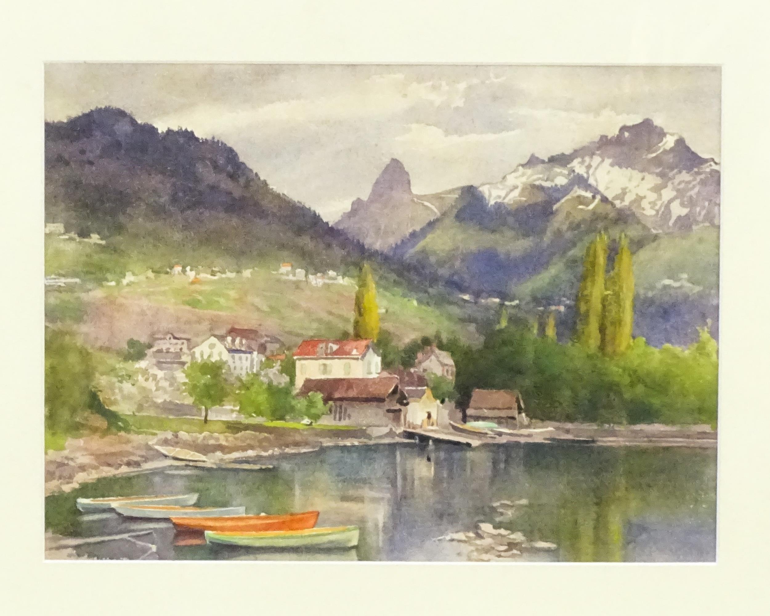 Isobel Badcock, 20th century, Watercolour, Montreux, A Swiss lake landscape with moored boats and - Image 3 of 3