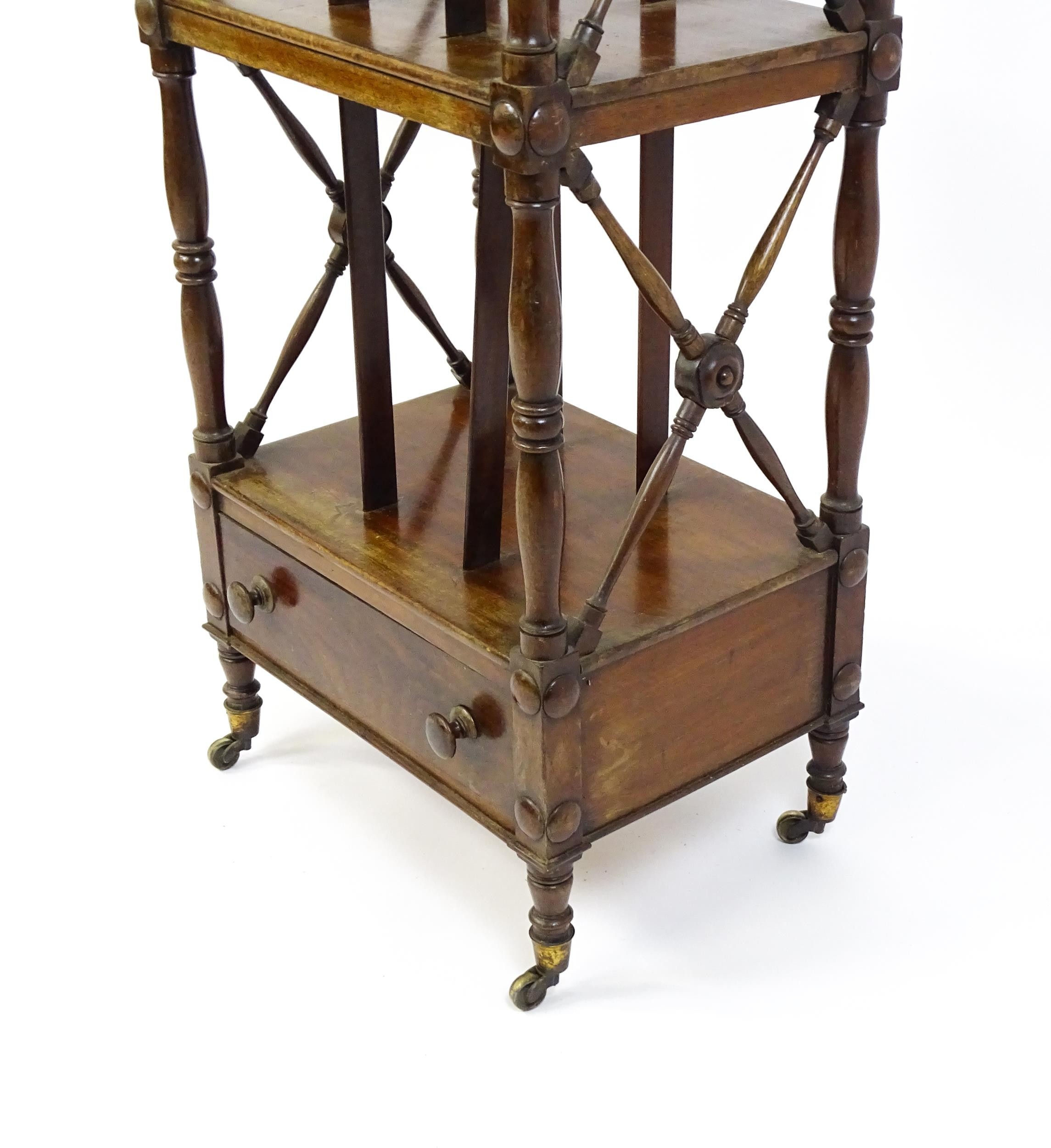 An early 19thC mahogany whatnot Canterbury surmounted by turned uprights and a small shelf above - Image 9 of 12