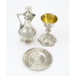Ecclesiastical silver: A silver three piece travelling communion set comprising chalice, paten &