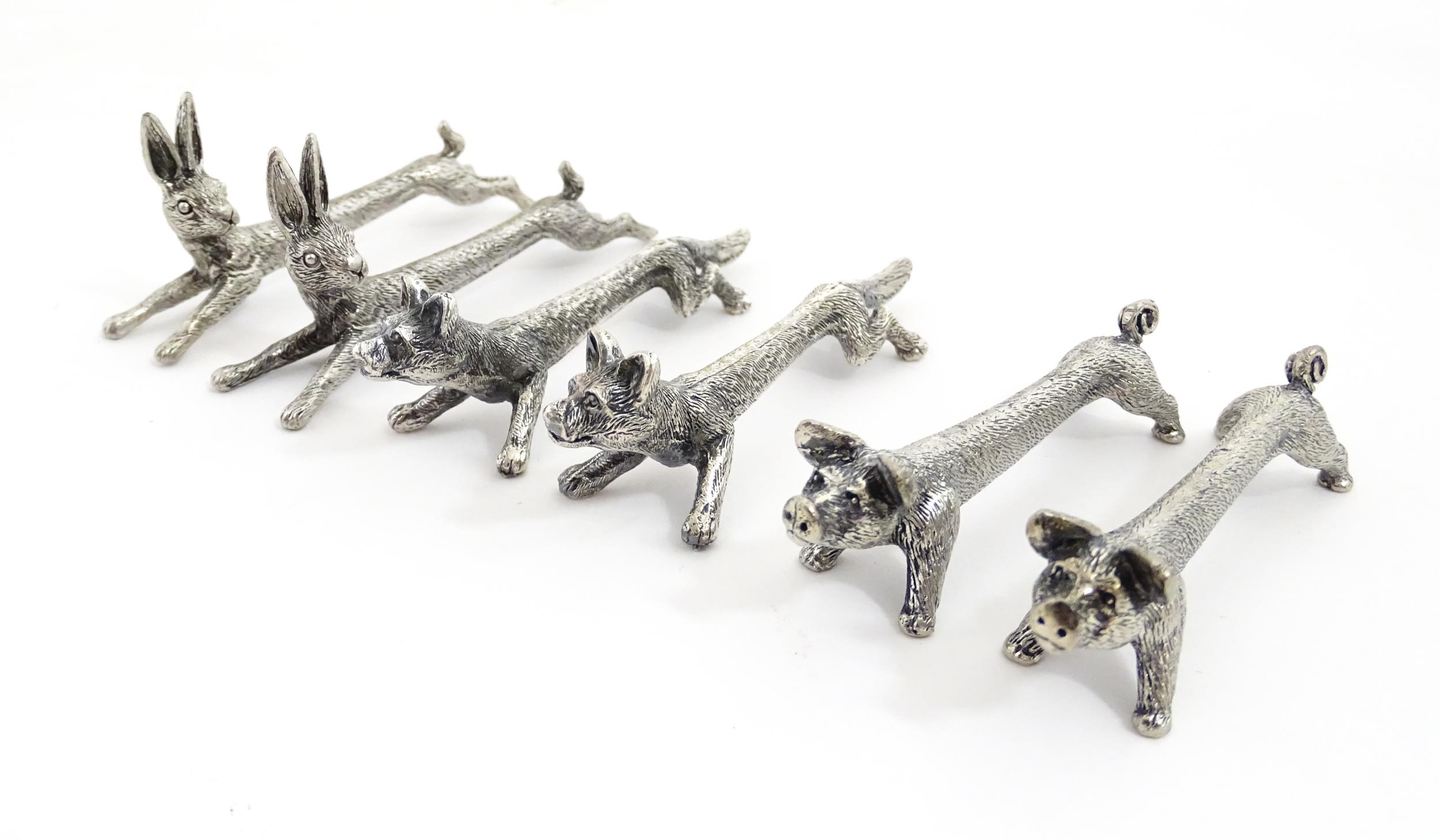 Three pairs of 20thC silver plate novelty knife rests modelled as hares, foxes and boars. Approx. - Image 3 of 15