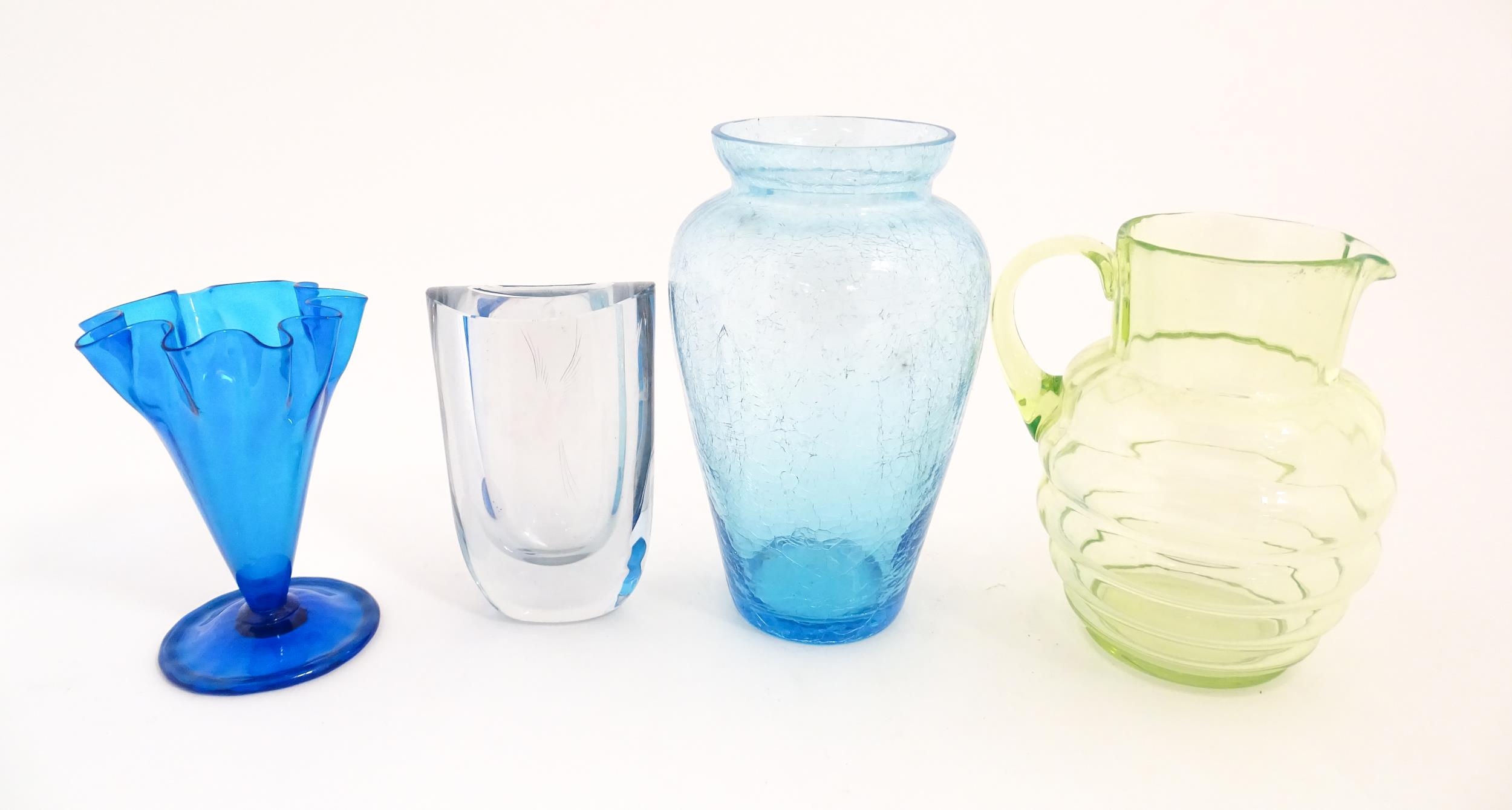 Four items of 20thC glassware to include a Uranium jug, a blue ice glass vase, a Swedish vase by - Image 5 of 6