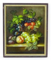 20th century, Oil on panel, A still life study with grapes, peaches, plums and vine leaves on a