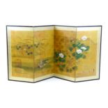 A Japanese four fold screen decorated with ducks, reeds, flowers and foliage. Character marks