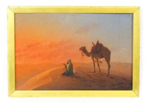 Chimchidian Haig, Early 20th century, Oil on canvas board, A sunset dessert scene with a figure at