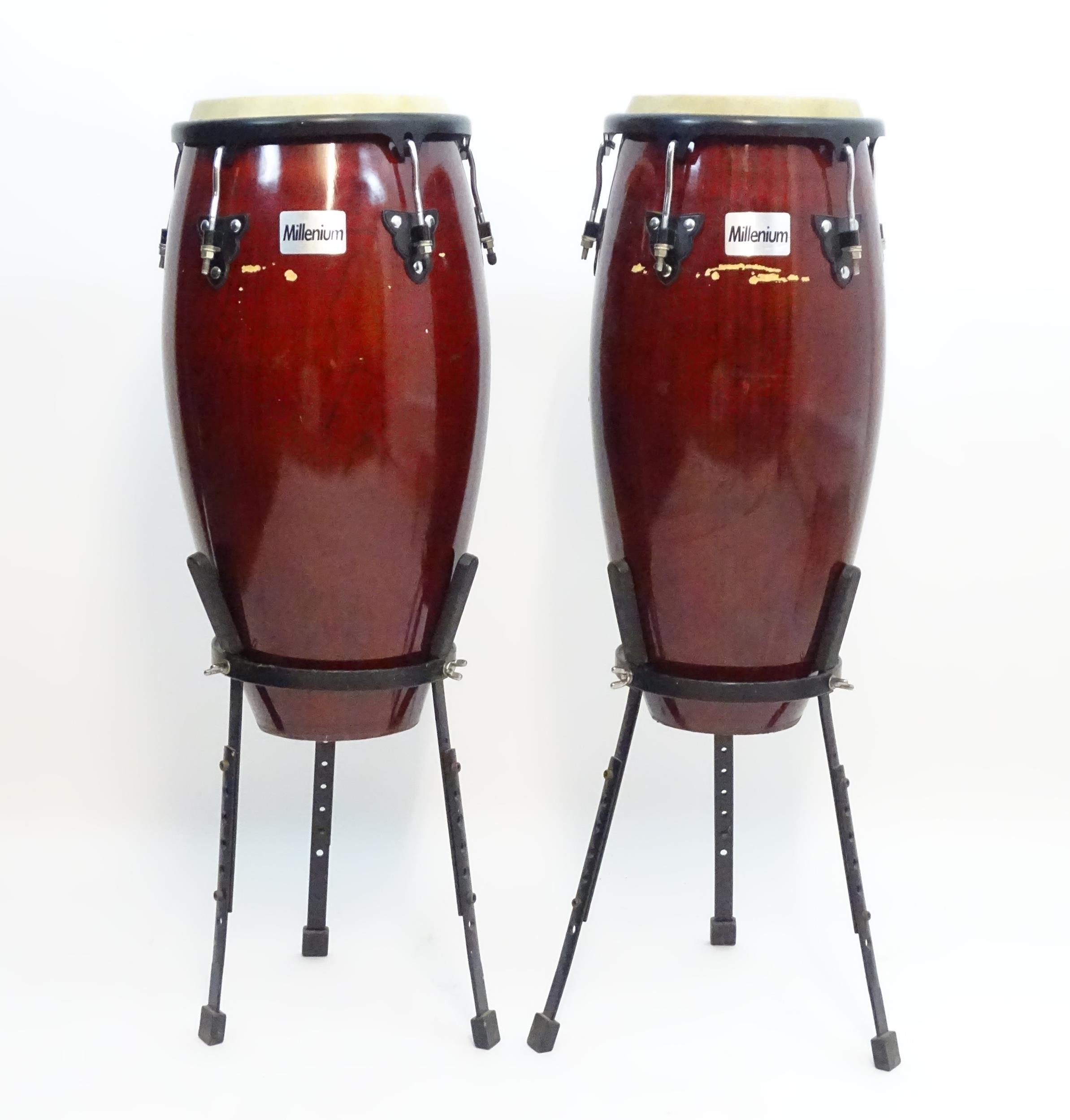 Musical Instruments : a pair of Millenium conga / tumba drums , with tripod stands and a tuning key, - Image 3 of 11