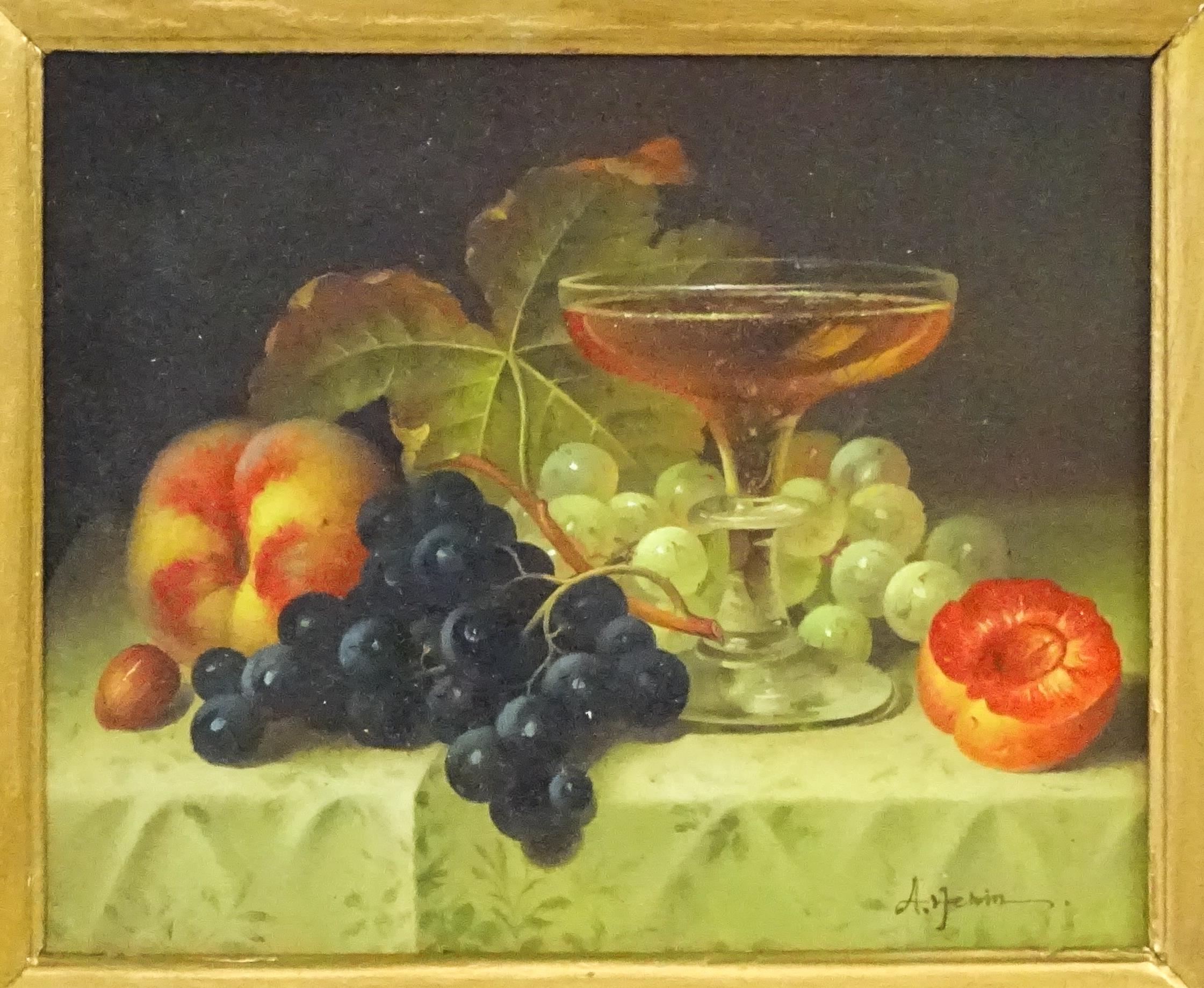 Artemis, 20th century, Oil on panel, A still life study with fruit and a glass on a table. Signed - Bild 3 aus 4