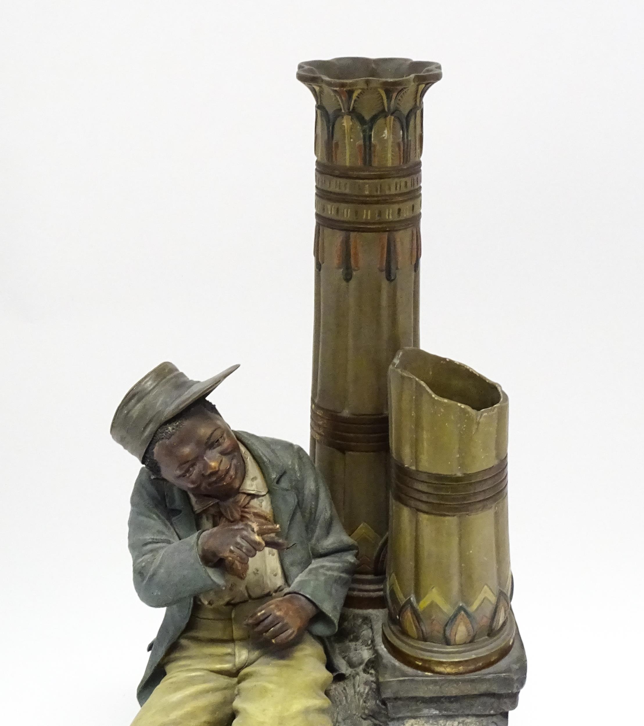 A late 19thC terracotta figure of a boy with decorative columns, having polychrome decoration, by - Image 3 of 11