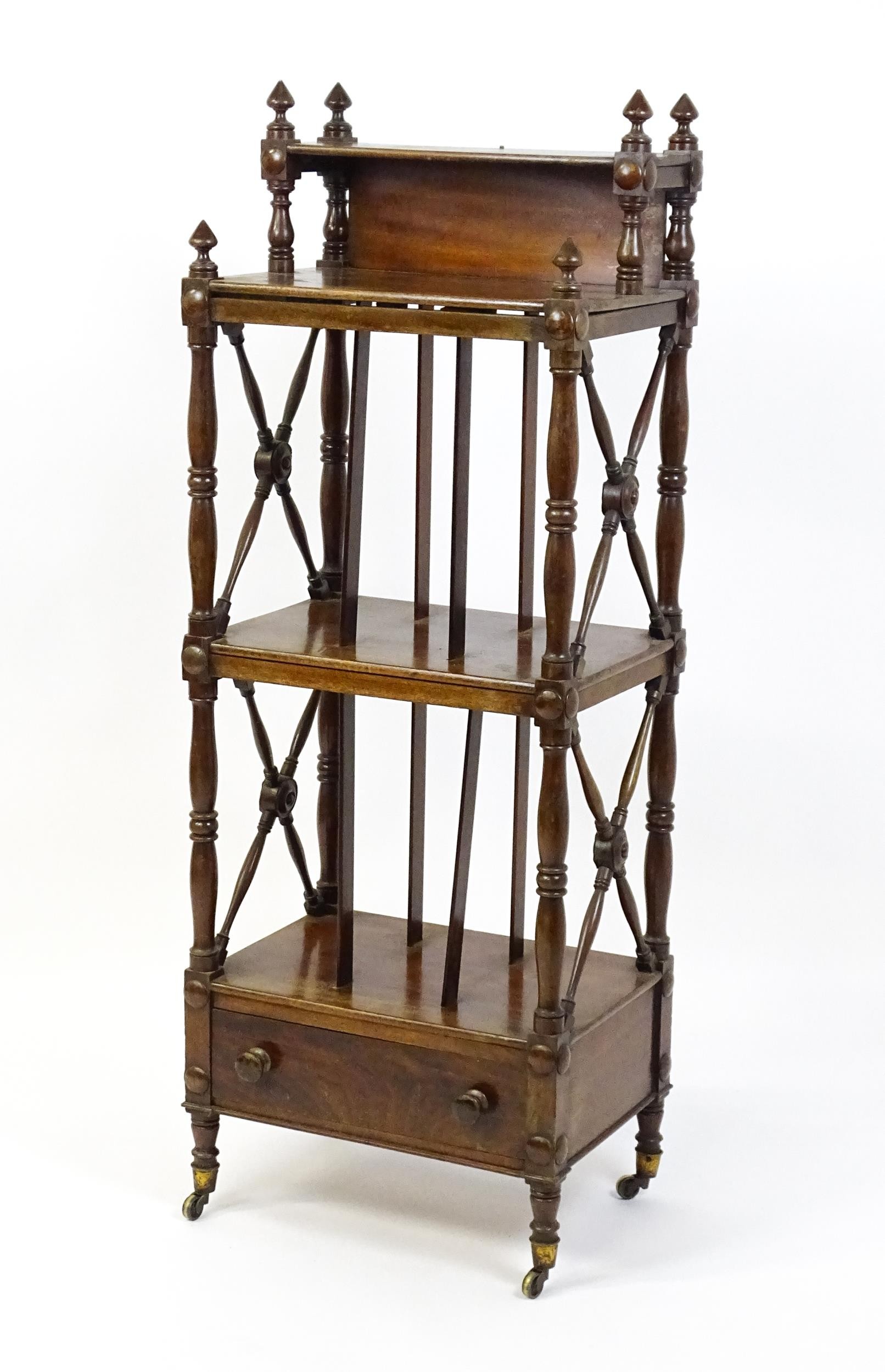 An early 19thC mahogany whatnot Canterbury surmounted by turned uprights and a small shelf above - Image 6 of 12