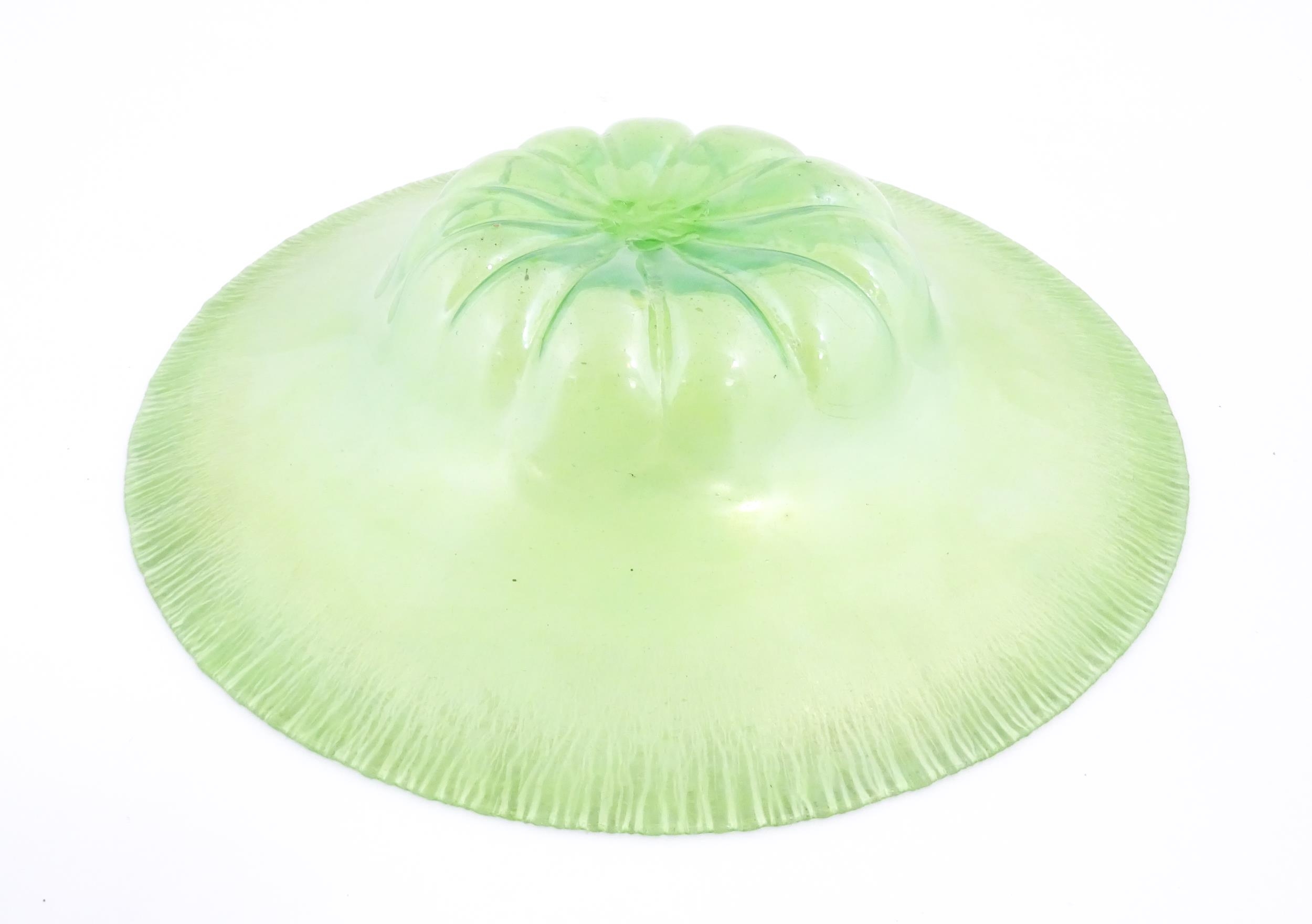 A pale green lustre glass bowl with lobed centre and textured rim. Approx. 12 1/2" diameter Please - Image 7 of 7