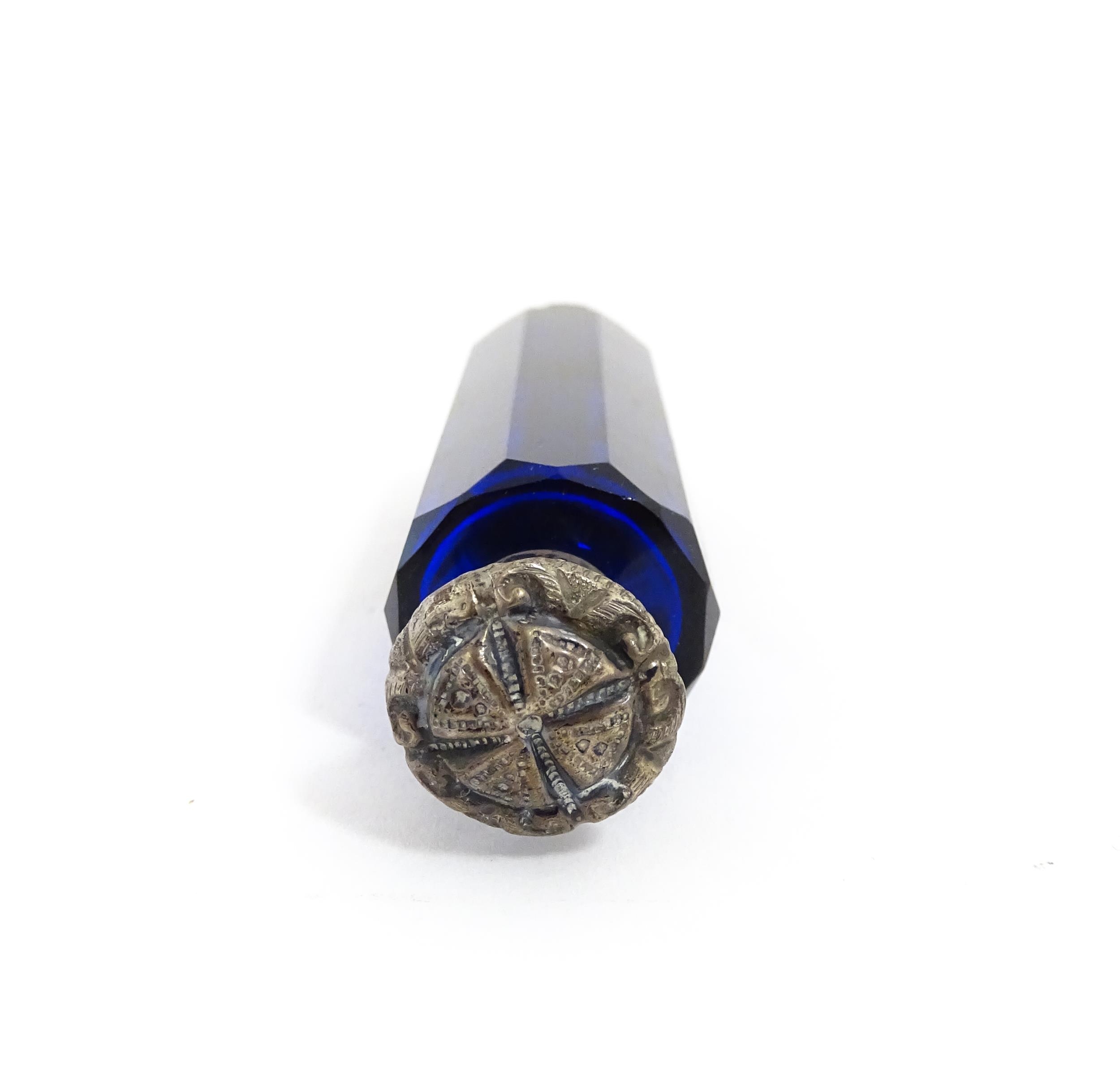 A glass scent / perfume bottle with blue flash cut decoration. Together with a Bristol blue coloured - Image 11 of 13