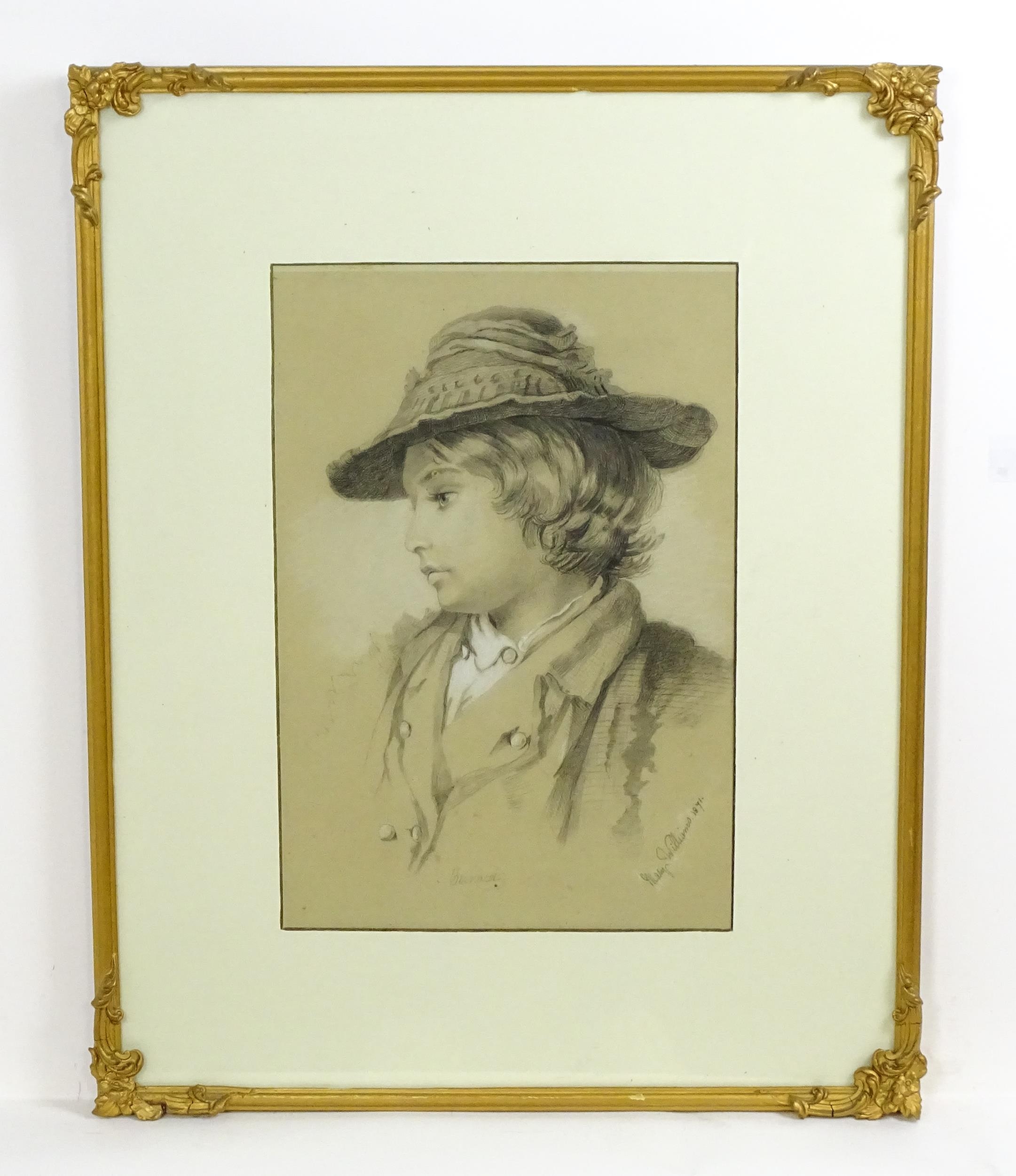 Mary Williams, 19th century, Pastel on paper, A portrait of a young boy in a hat. Signed and dated