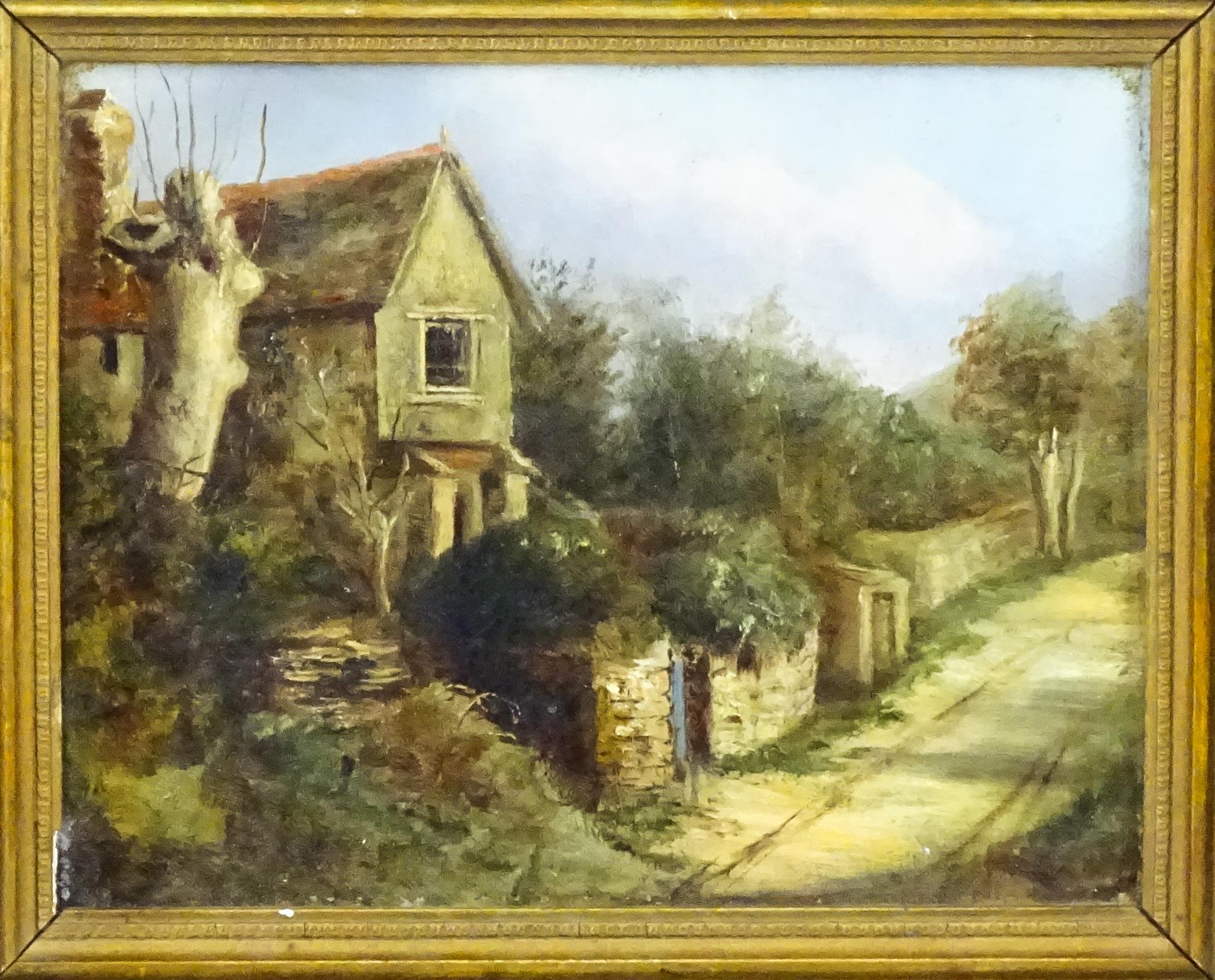 19th century, Oil on canvas, A study of a house and garden on a country lane. Approx. 7 1/2" x 9 3/ - Image 3 of 3