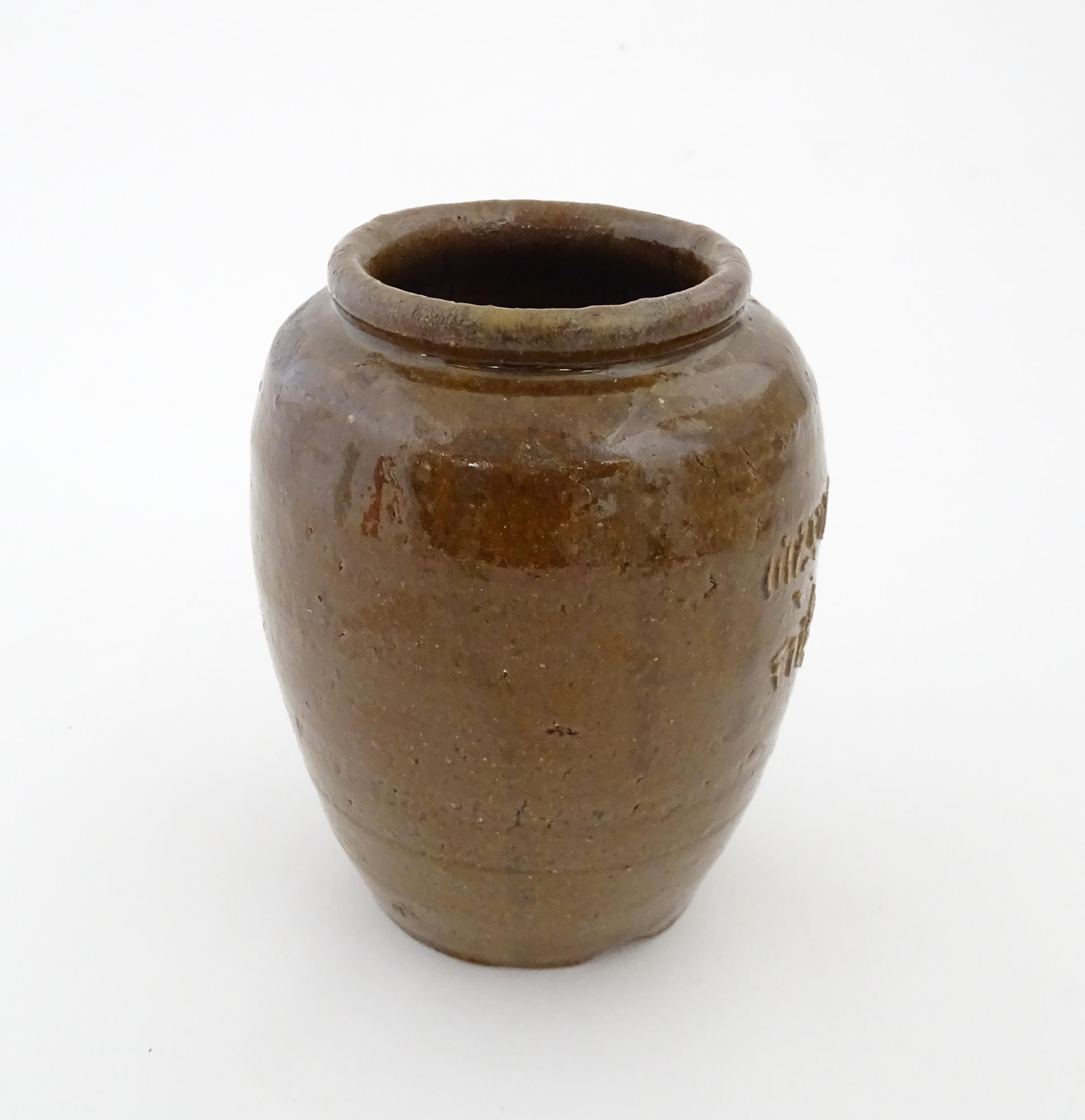 A stoneware vase / pot of tapering form with script detail. Approx. 6 1/4" high Please Note - we - Image 4 of 7