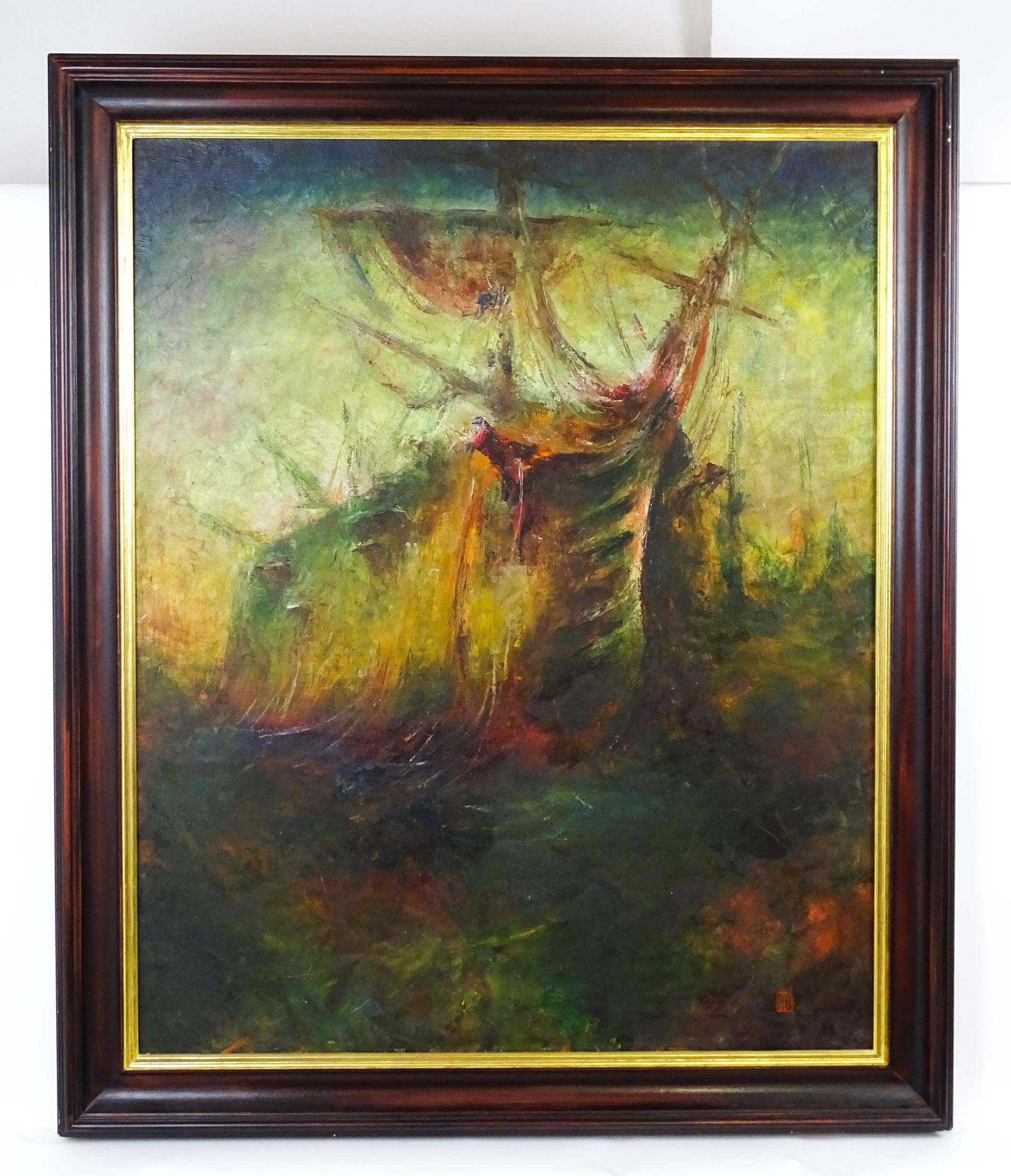 Alexander Akhanov (b. 1957), Russian School, Oil on canvas, Man of War ship in high seas. Signed