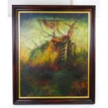 Alexander Akhanov (b. 1957), Russian School, Oil on canvas, Man of War ship in high seas. Signed