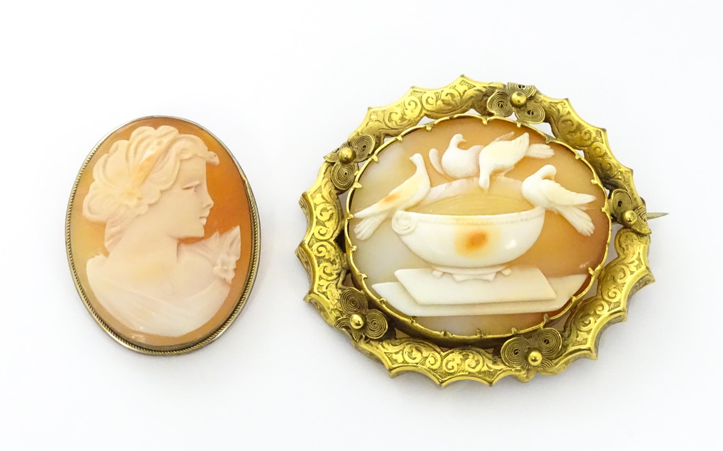 Two cameo brooches, one a classical cameo set within a .800 silver mount. The other a Victorian - Image 2 of 11