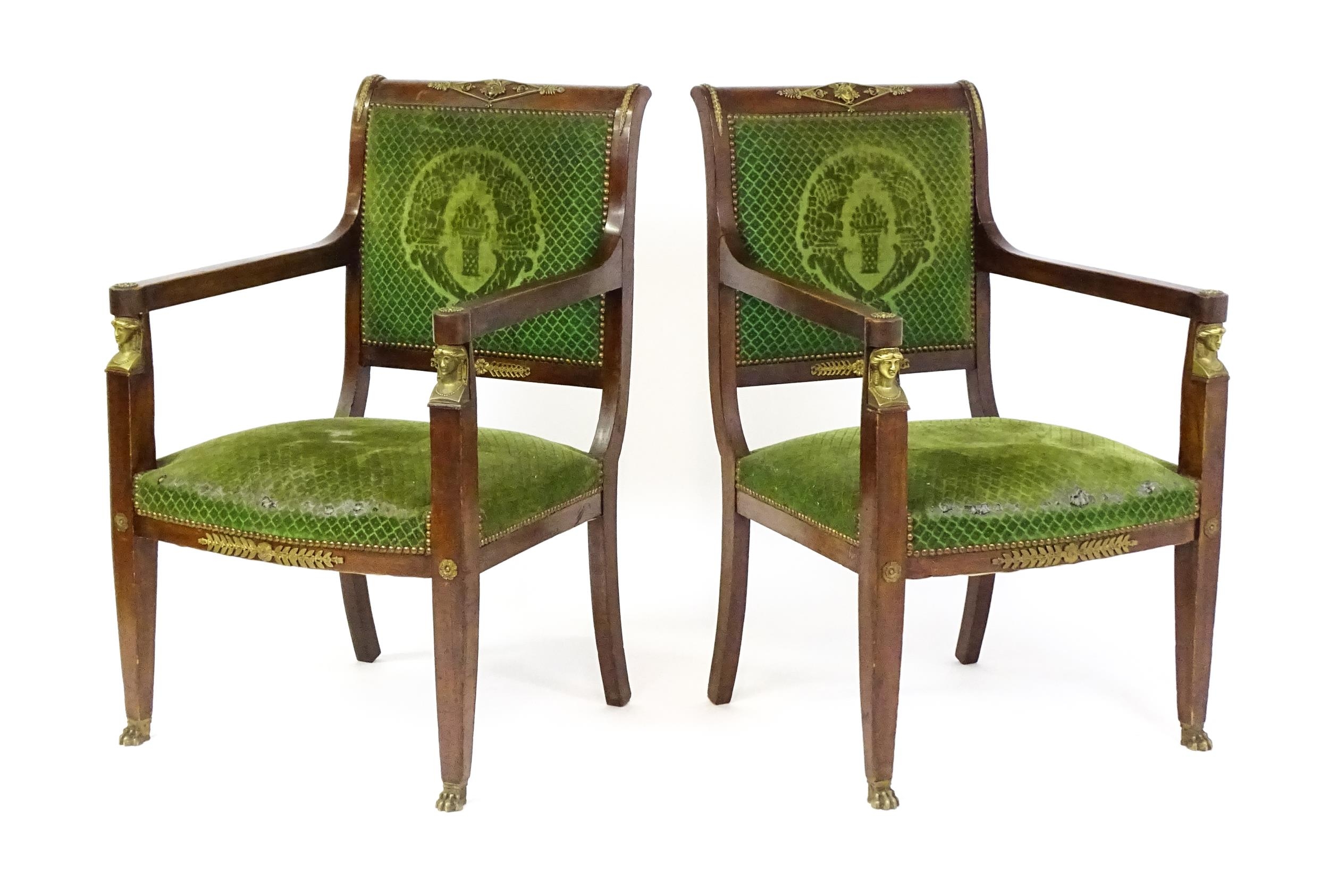 A pair of 19thC Empire armchair with brass neo classical style mounts including lozenges, masks - Image 9 of 10