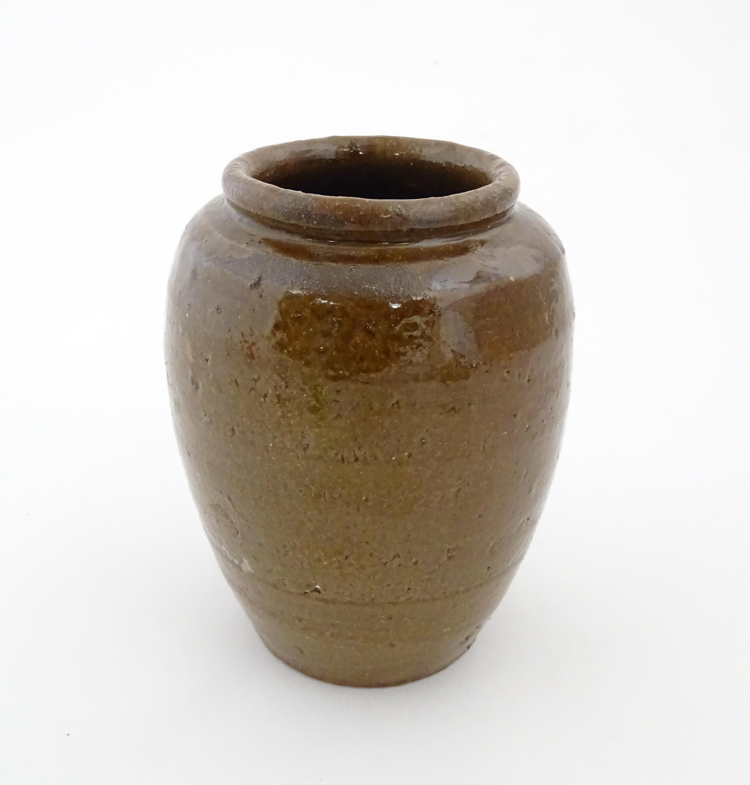 A stoneware vase / pot of tapering form with script detail. Approx. 6 1/4" high Please Note - we - Image 5 of 7