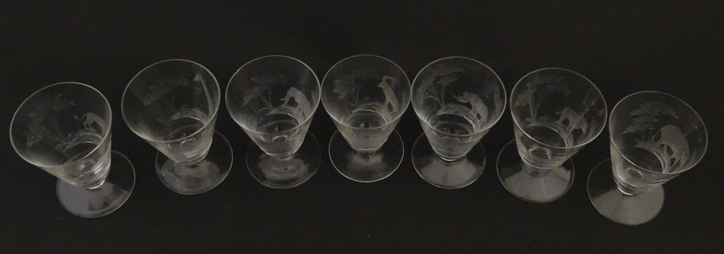Rowland Ward sherry / liquor glasses with engraved Safari animal detail. Unsigned. Largest approx. - Image 17 of 26