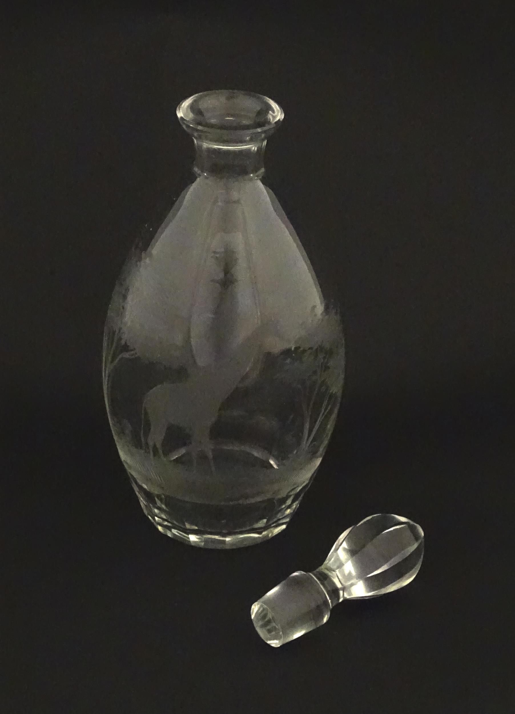 A Rowland Ward glass decanter with engraved Safari animal detail. Unsigned Approx. 11 1/4" high - Image 5 of 10