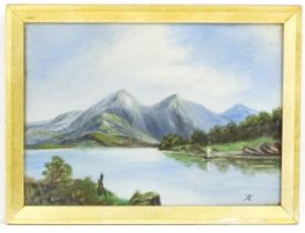 20th century, Oil on canvas board, A lake landscape with mountains beyond. Signed with monogram AT