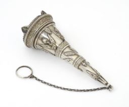 A Victorian white metal posy holder of conical form with wirework detail, floral, acanthus scroll