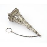 A Victorian white metal posy holder of conical form with wirework detail, floral, acanthus scroll