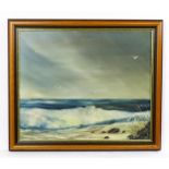 R. C. Ives, 20th century, Oil on canvas, A seascape with crashing waves and gulls in flight.
