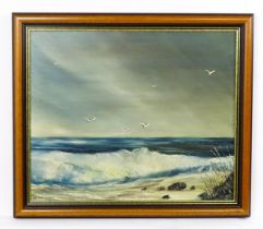 R. C. Ives, 20th century, Oil on canvas, A seascape with crashing waves and gulls in flight.