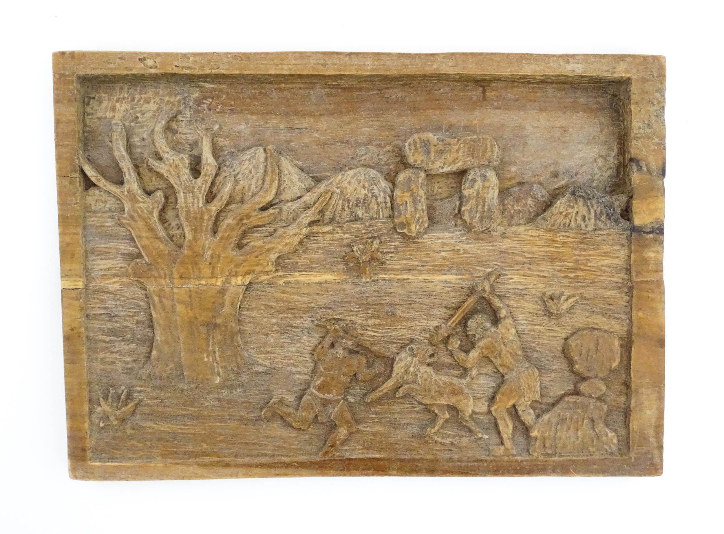 Ethnographic / Native / Tribal: Two carved wooden tableaux / plaques, one depicting monkeys in a - Image 4 of 12