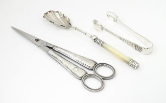 Silver plate items to include a pair of Mappin and Webb grape scissors / shears bearing stamp for