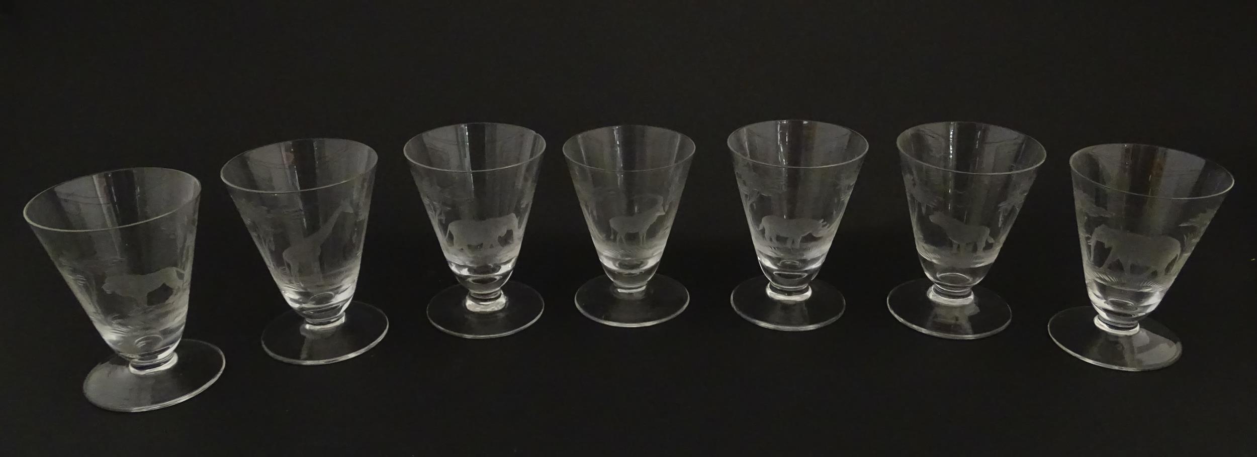 Rowland Ward sherry / liquor glasses with engraved Safari animal detail. Unsigned. Largest approx. - Image 2 of 26