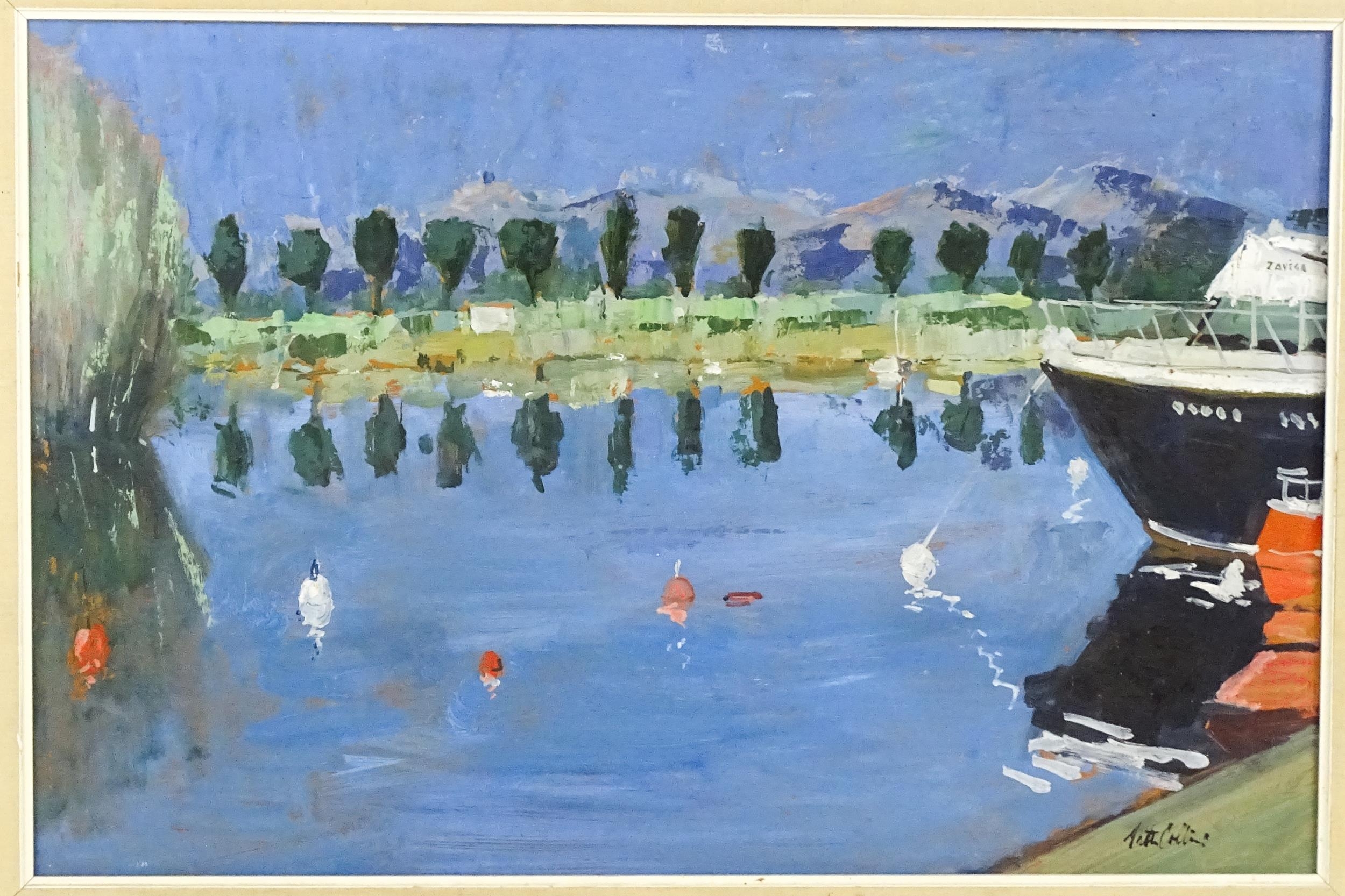 Peter Collins (1923-2001), Oil on board, An impressionistic view of a lake with a moored boat, and - Image 3 of 4