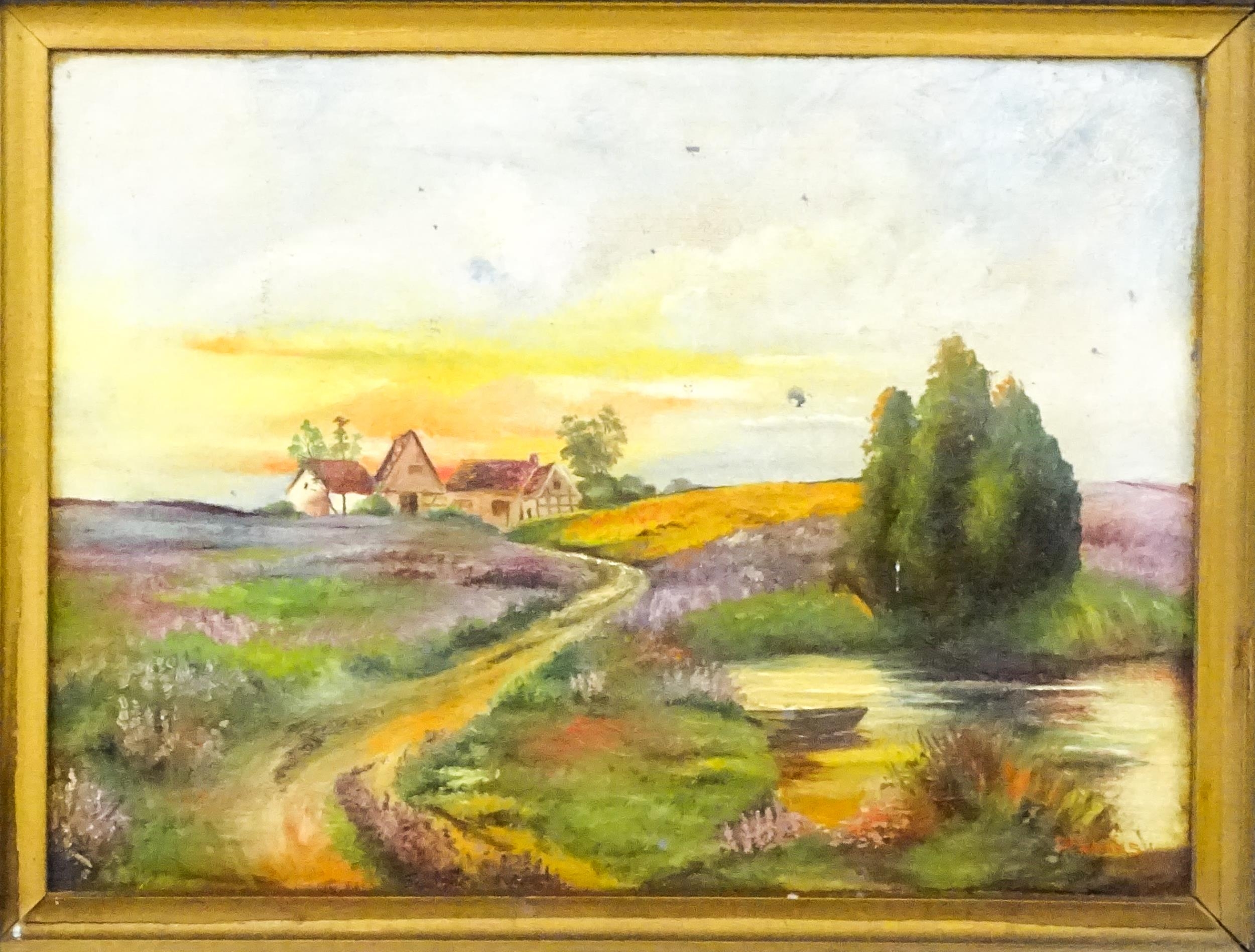 P. Franks, Early 20th century, Oil on canvas, A country landscape at sunset with cottages beyond. - Bild 3 aus 5