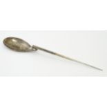 A silver replica of a Roman Christening spoon, indistinctly marked. Approx. 8 1/4" long Please