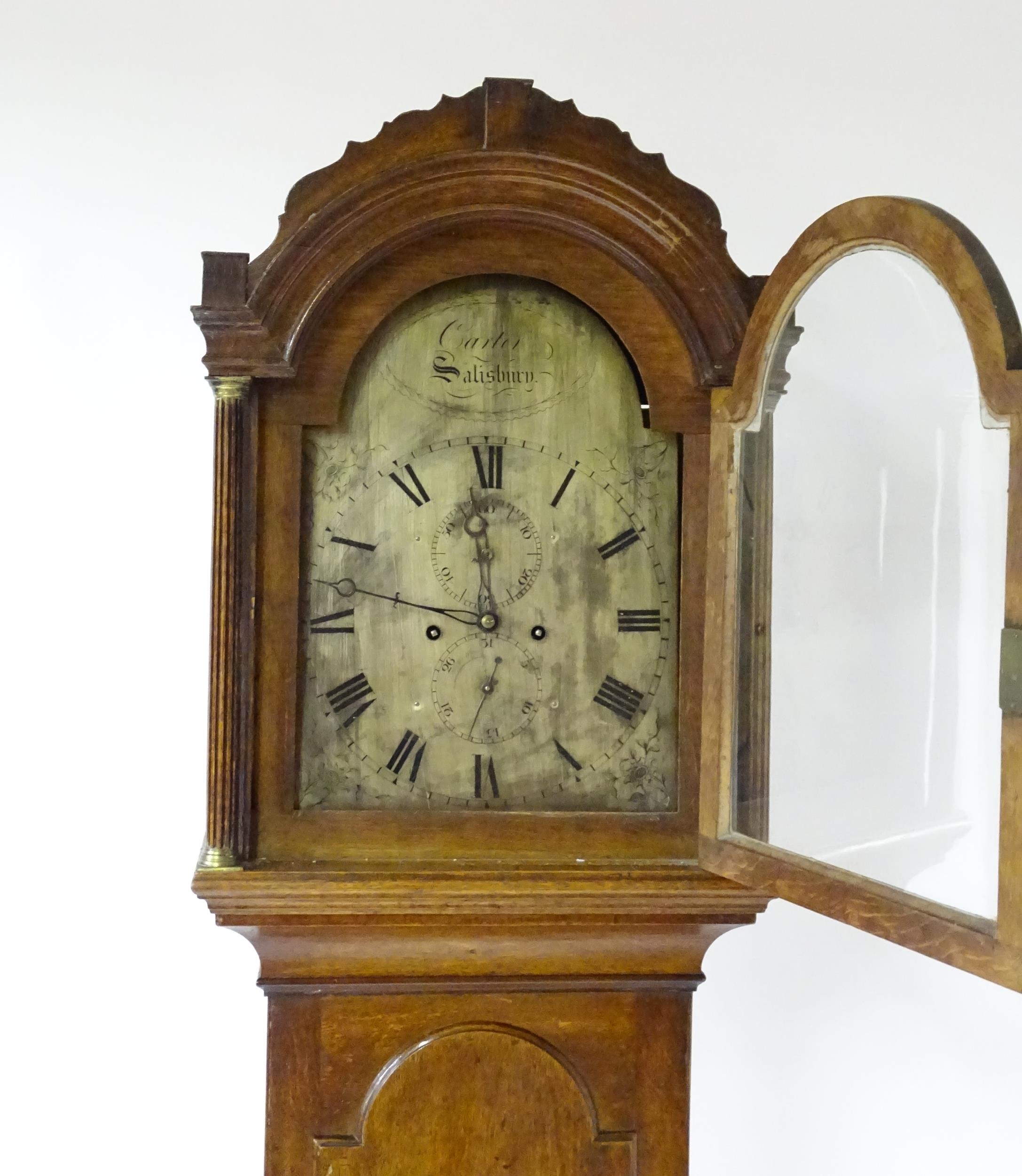 William Cater - Salisbury : A 19thC oak cased 8 day longcase clock, with brass dial, signed to the - Image 5 of 11