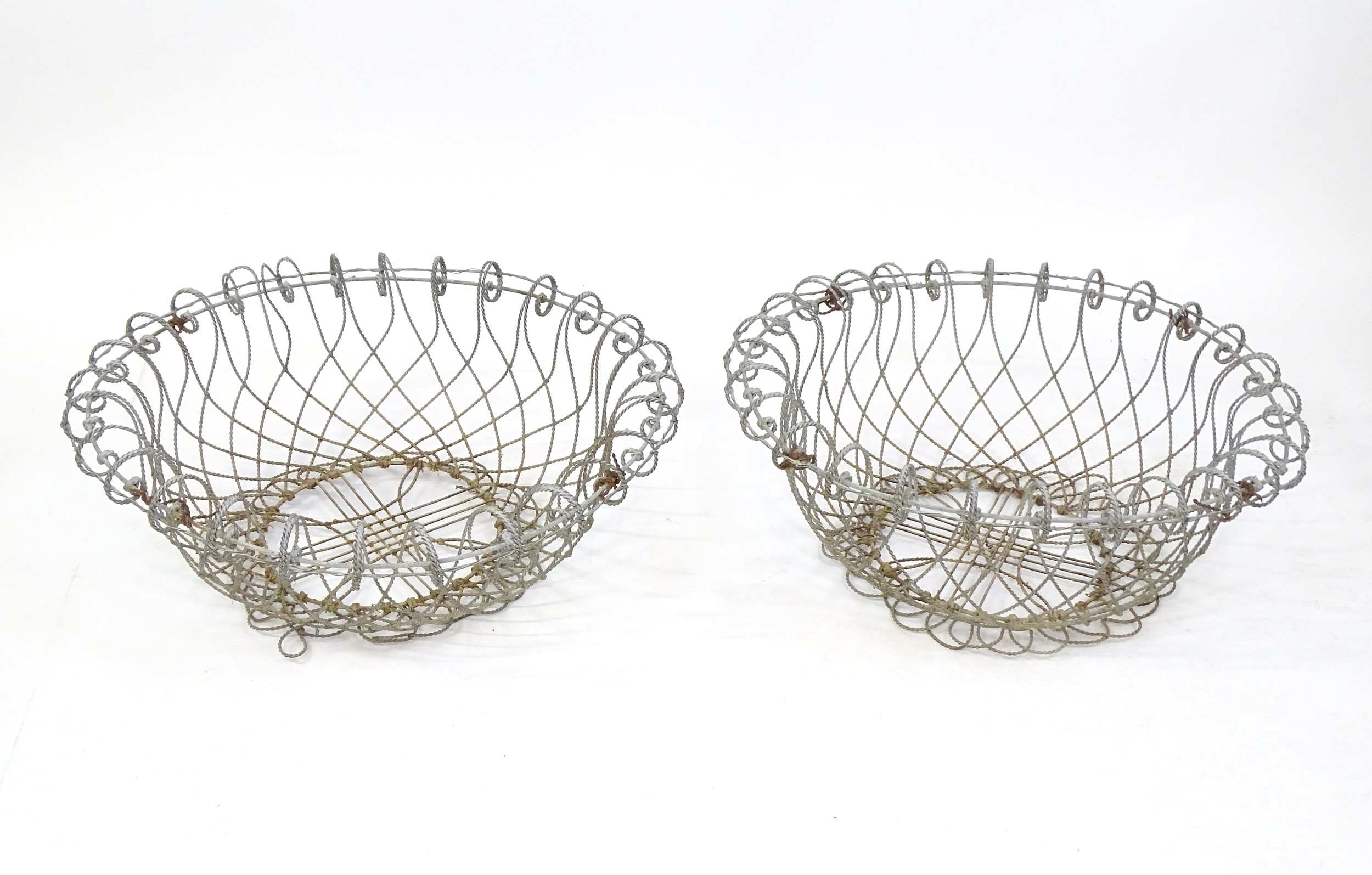 A pair of 19thC wirework planters / baskets with scrolling detail. Each approx. 24" in diameter x 8" - Image 4 of 15