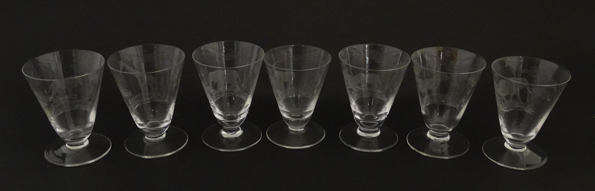 Rowland Ward sherry / liquor glasses with engraved Safari animal detail. Unsigned. Largest approx. - Image 15 of 26