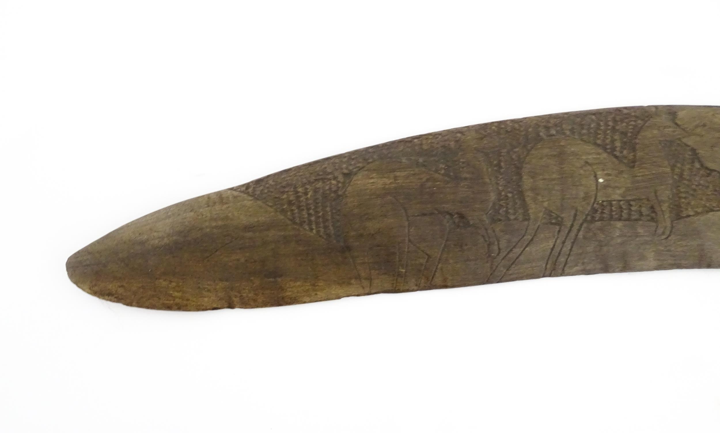 Ethnographic / Native / Tribal : A large Australian carved wooden boomerang with engraved decoration - Image 8 of 8