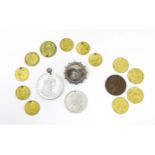 Assorted items to include tokens as Geo III spade guinea coins, etc. a Victorian silver brooch