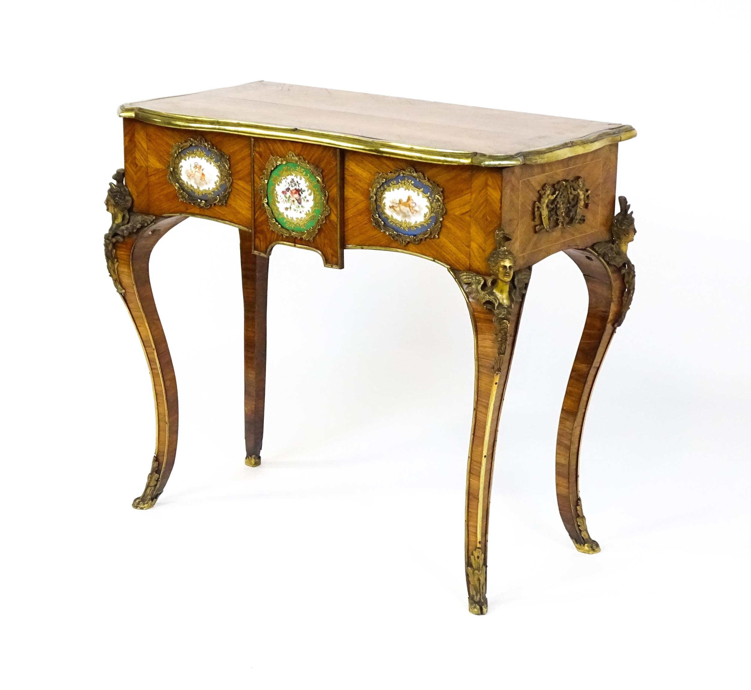 A mid 19thC kingwood side table with a brass moulding to the top edge and three Sevres style plaques - Image 14 of 14