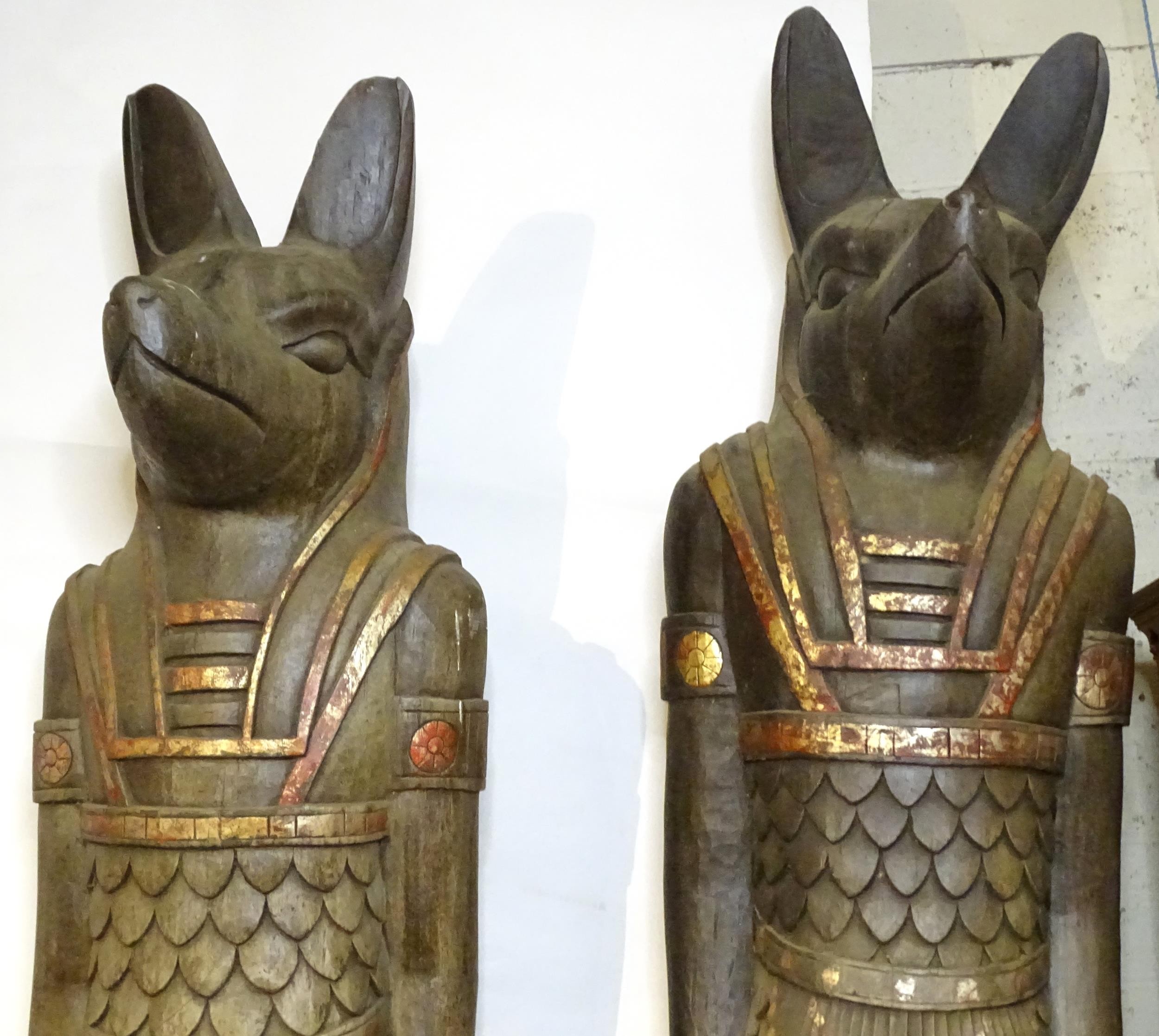 A pair of very large 20thC carved wooden standing Anubis / Ancient Egyptian dog god statues with - Image 18 of 52