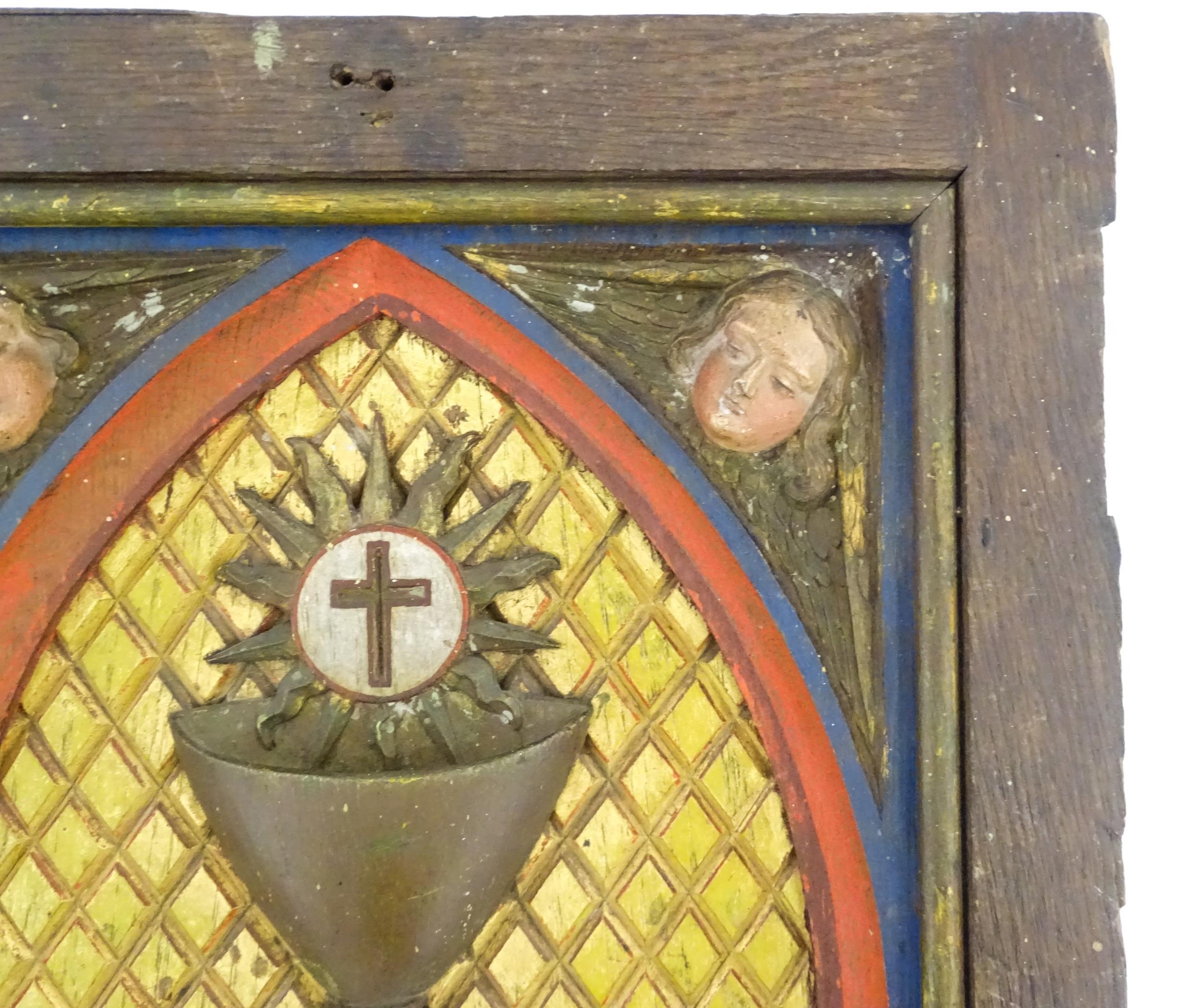 An early 20thC Continental tabernacle door with carved and polychrome decoration depicting a chalice - Image 7 of 7