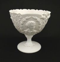 A Victorian milk / opal glass pedestal sugar basin depicting Disraeli, the Earl of Beaconsfield,