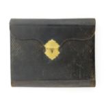 A late 19thC folding document wallet / stationery case with brass clasp marked 27157. Approx. 9"