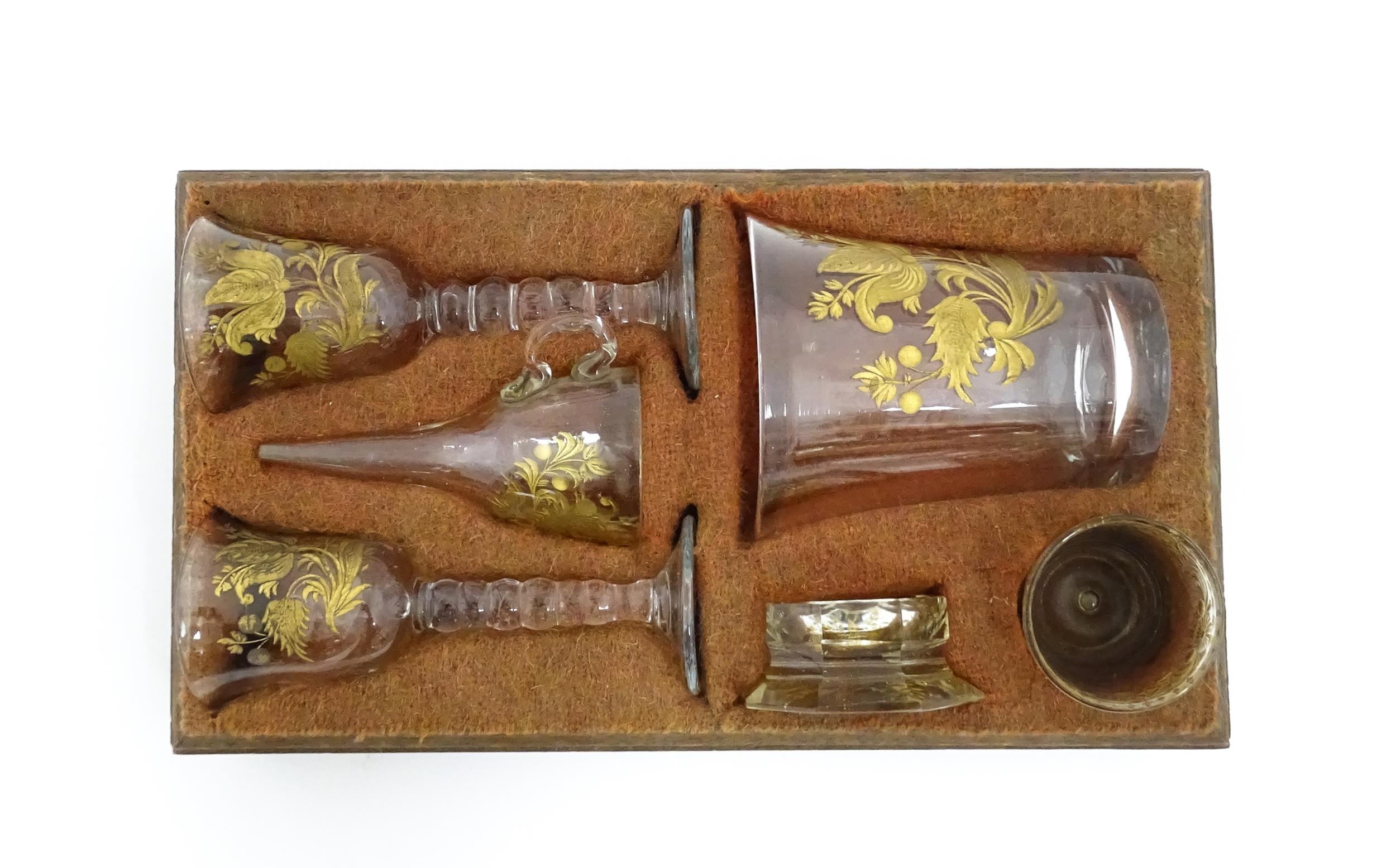 18thC glass to include 18thC wine glasses, beakers, funnel, etc. with engraved gilt foliate and - Image 2 of 11