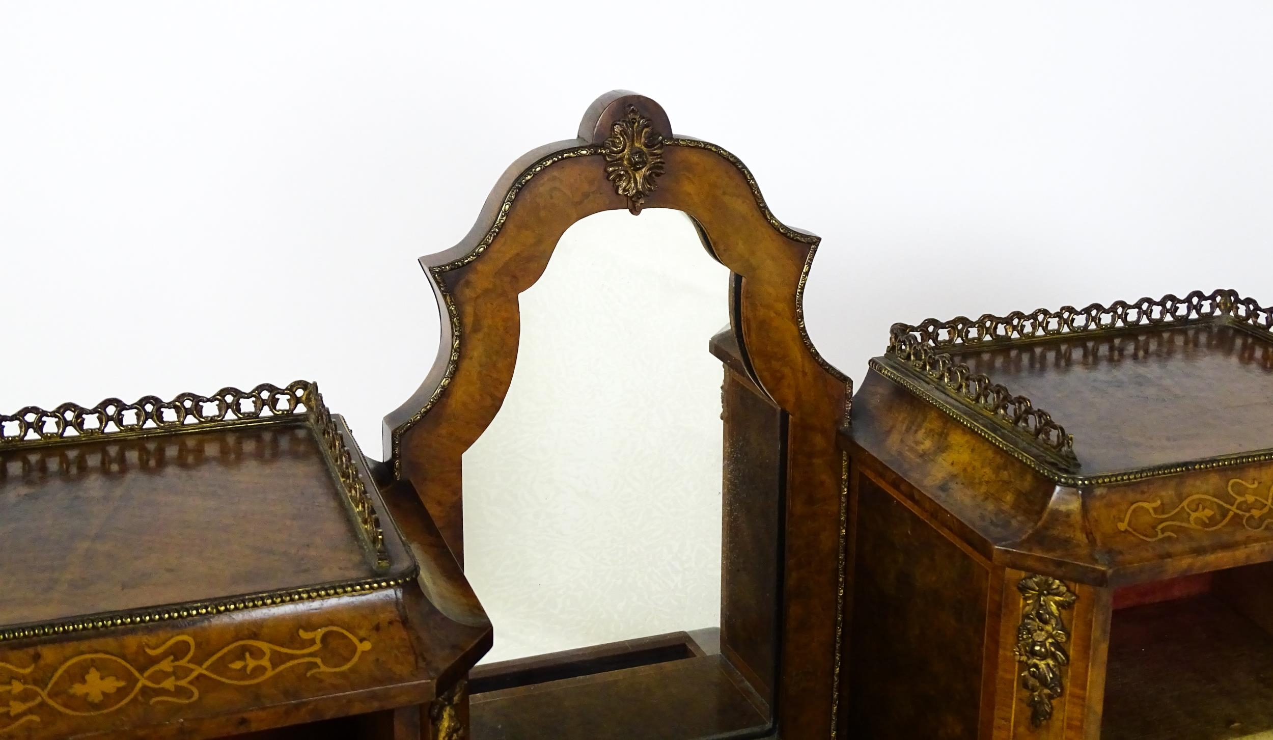 A 19thC burr walnut Bonheur du jour with a mirrored back stand and flanked by two glazed cabinets - Image 9 of 11