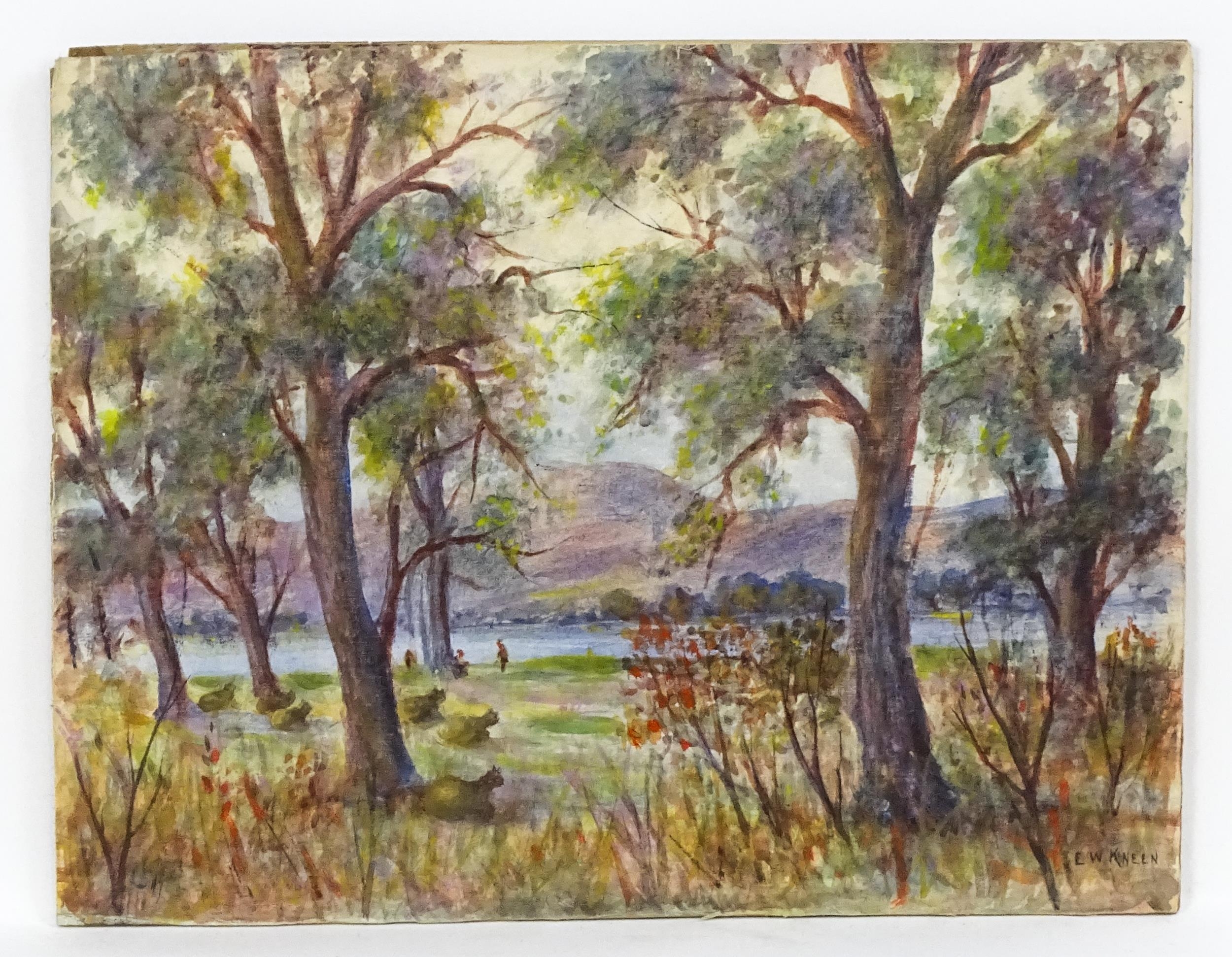 E. W. Kneen, 19th century, Watercolour, A wooded river landscape with figures by the water. Signed