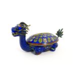 A Chinese cloisonne pot and cover modelled as a Dragon Turtle mythical creature. Approx. 5 1/4" long